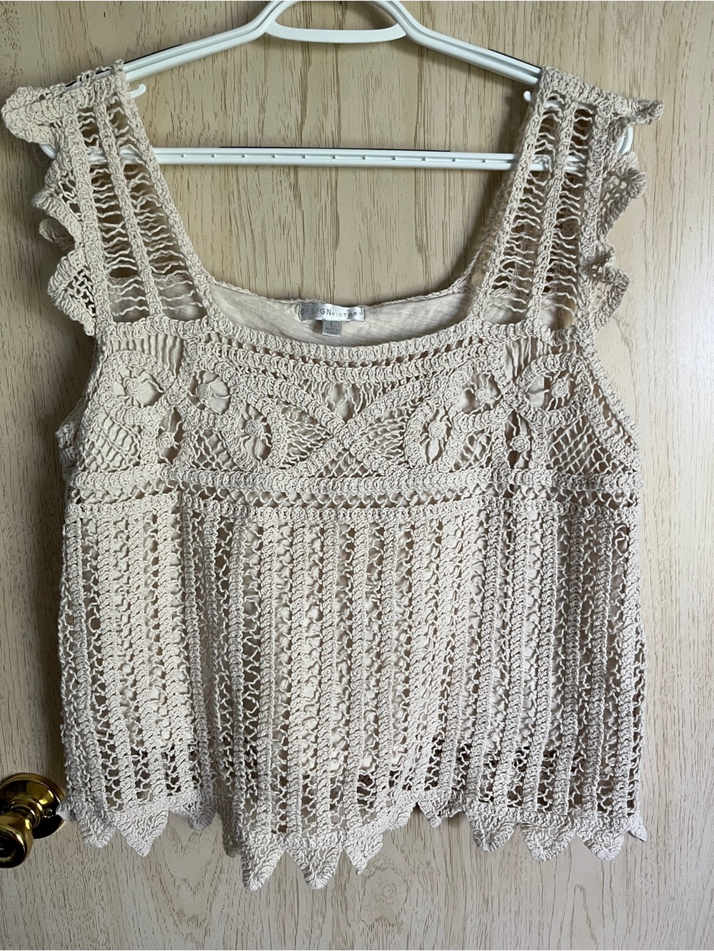 Design History Beige Boho Crochet Tank Top Cotton Ruffle Sleeve Scallop Hem L
